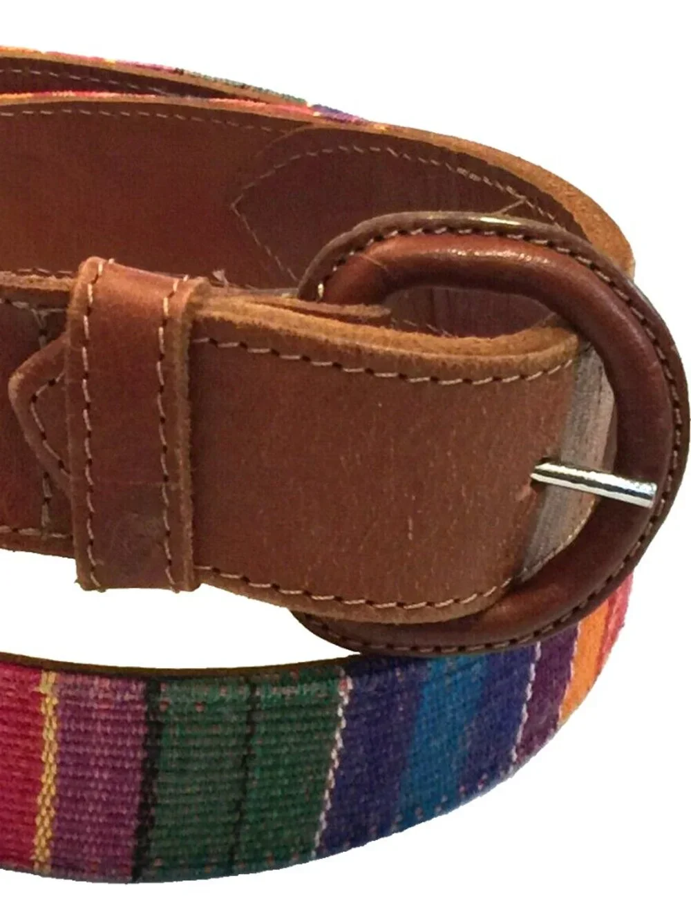 VINTAGE GUATEMALAN MULTICOLOR HANDWOVEN TEXTILE BUCKLE LEATHER BELT WOMENS 30